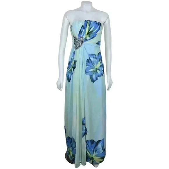 Jovani Gown Blue Green Floral Watercolor Beaded Strapless Chiffon Prom Grad 4 - Picture 4 of 15